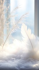 A tranquil New Year's morning scene with frosted window patterns and delicate white feathers, placed on a soft sky-blue background. Vertically oriented. 