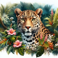 Generative AI a leopard surrounded by tropical plants and  flowers
