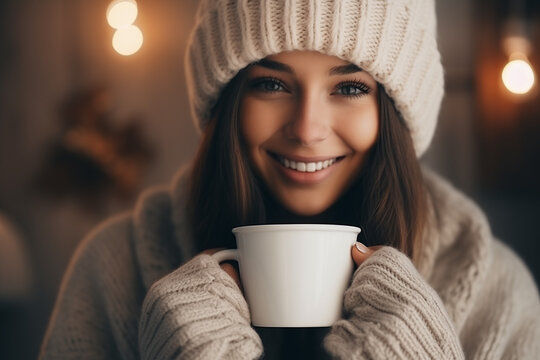 Woman wearing a warm pullover and holding a cup of coffee. Drink at morning. A girl in a cozy house drinks a hot drink.