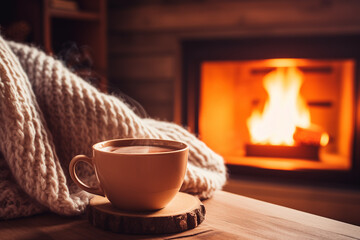 A mug of hot tea stands on a table with a woolen blanket in a cozy living room with a fireplace. Cozy winter day