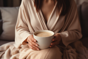 Woman wearing a bathrobe and holding a cup of coffee. Drink at morning. A girl in a cozy house drinks a hot drink.