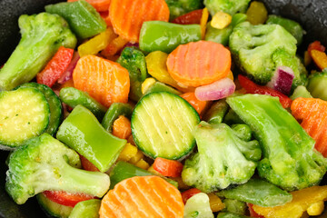 Assorted sliced vegetables in frying pan. Healthy food, vegetarian cuisine
