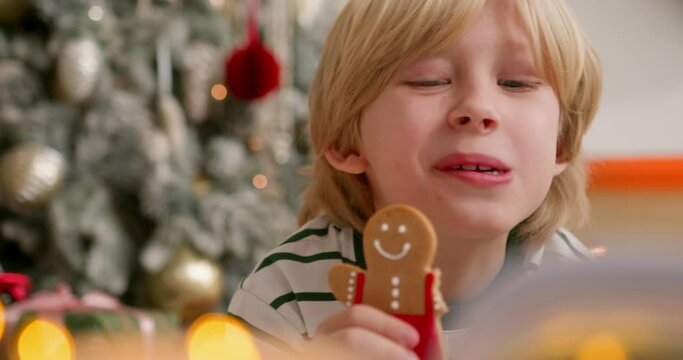 boy lays on floor near christmas tree, reads book of magic stories and bites gingerbread man cookie. Turns over pages chewing and smiling.