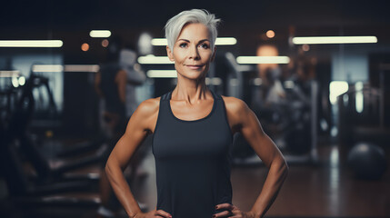 Mature woman standing in a fitness studio. generative ai.