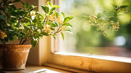 Fototapeta na wymiar A plant in a ceramic pot on a wooden windowsill. Spring. Warm lighting. Wallpaper, background
