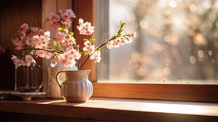 Ceramic vase with cherry blossom branch on a wooden windowsill. Spring. Warm lighting. Wallpaper, background