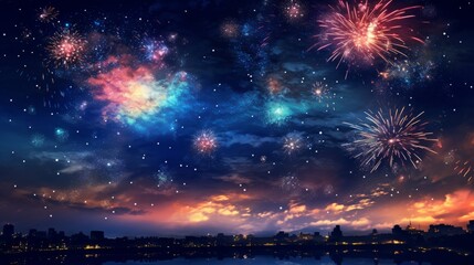 Beautiful fireworks at night above a city. Stunning night fireworks show. Bright and colorful firework display at a carnival celebration. Dark city lit with gorgeous fireworks, loud celebration.