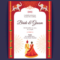 Hindu indian wedding card design, wedding invitation template - obrazy, fototapety, plakaty
