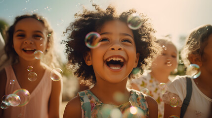 Multi-ethnic group of little friends with toothy smiles on their faces enjoying warm sunny day while participating in soap bubbles show. generative ai. - obrazy, fototapety, plakaty