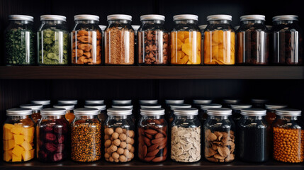 Mixed nuts and dried fruits in glass jars on shelf in store