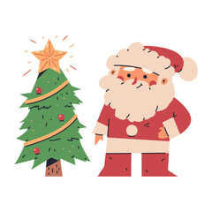 Santa Claus with Christmas tree vector cartoon illustration.
