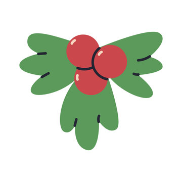Red holly berries with leaves vector cartoon illustration.