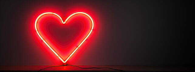 Valentines Day card  heart shaped red neon light with a power cord. Area for text on the right over black.