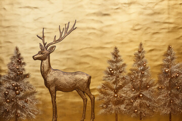 gold metal sheet with Pressed Christmas trees and a deer, festive background