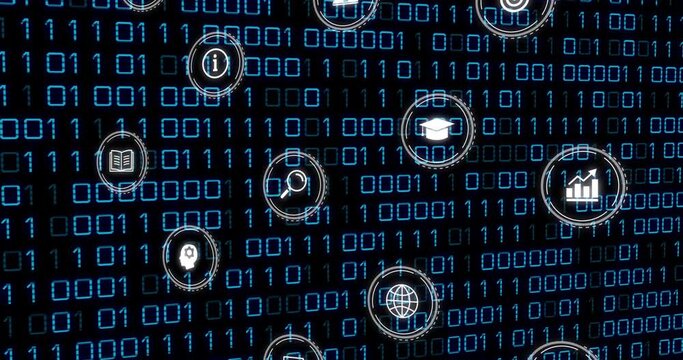 Animation of network of connections with icons and binary coding on black background