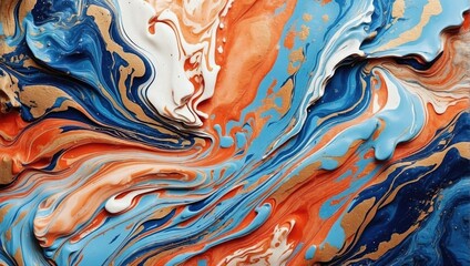Blue marble pattern texture abstract background with swirls of orange and white