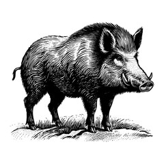 Wild boar drawn in hand sketch on an isolated background. Engraved drawing. Black and white style. Ideal for card, book, poster, banner. Full height. Vector illustration Vintage monochrome style