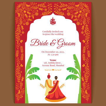 floral indian hindu wedding Luxury invitation card design,