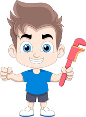 boy was standing with a wrench wanting to fix everything that was broken