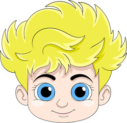 The head of a handsome baby boy with blonde hair is smiling