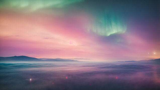 An abstract background inspired by the Aurora Borealis, featuring radiant bokeh lights dancing in the sky amidst dreamy, pastel-colored hues reminiscent of a vintage-inspired fantasy realm. © Kasper