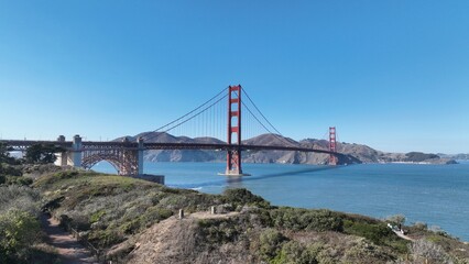 Golden Gate Bridge At San Francisco In California United States. Downtown City Skyline....