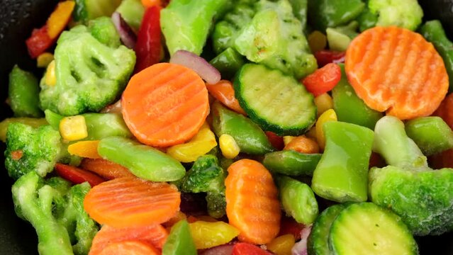 Zoom frame assorted vegetables in plate, rotation. Healthy food, vegetarian cuisine