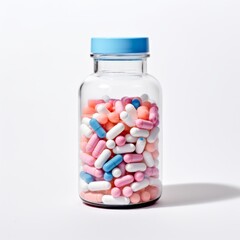 Medicinal drugs in the capsules. Colorful pills and capsules in glass vials on white background. Colorful pills in a glass bottle isolated on white.