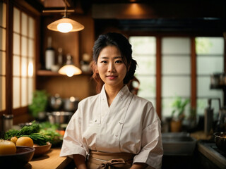 Traditional japanese chef woman. Generated by AI - obrazy, fototapety, plakaty