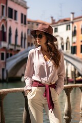 A woman is walking on the sidewalk in Venice
