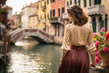 a woman is watching a canal waters in venice