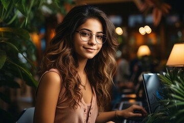 Beautiful woman with glasses sits at her desk and works on laptop in modern office, freelance, businesswoman, work in company, profession
