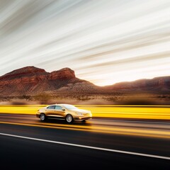 Fototapeta na wymiar Motion blurred car, Utah road, mountains, double yellow lines