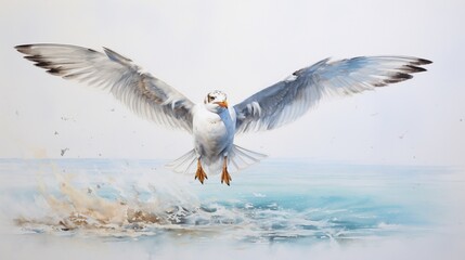 a representation of a playful seagull, its wings spread wide and playful expression portrayed in vivid colors on a pristine white canvas, symbolizing freedom and the joy of flight.