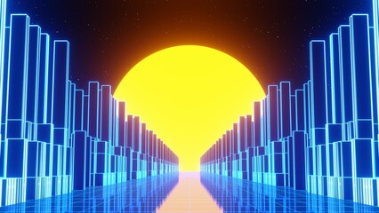 3d city houses disco neon 80s 90s retrowave sunset road. Retro cyberpunk sci-fi futuristic background. Glow and shine synthwave 4k y2k Disco music futuristic template