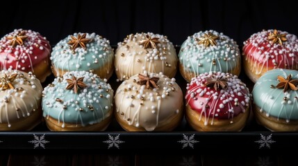Set of delicious festive donuts with Christmas decoration in a gift box. Generative AI