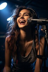 Portrait of young woman in specialized headphones who sings into microphone in recording studio, singing, songwriting, karaoke