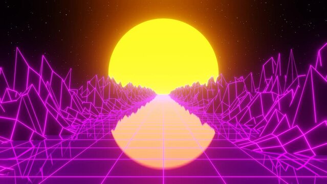 3d pink and yellow neon 80s 90s retrowave sunset road. Retro cyberpunk sci-fi futuristic disco music background. Glow and shine synthwave seamless looped 4k 30fps animation. y2k	