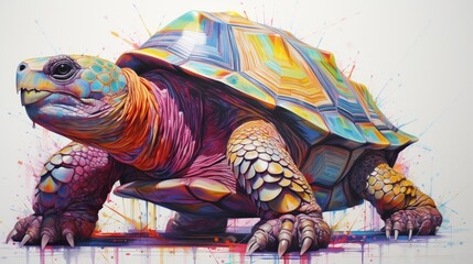 a representation of a wise tortoise, its slow and steady demeanor portrayed in vivid colors on a pristine white canvas, symbolizing patience and longevity.