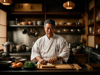 Traditional Japanese chef in his kitchen. Generated by AI  - obrazy, fototapety, plakaty