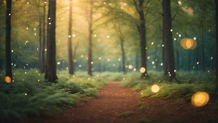An abstract background depicting a serene forest glade with scattered bokeh lights filtering through the foliage, all presented in vintage color tones for a magical ambiance.
