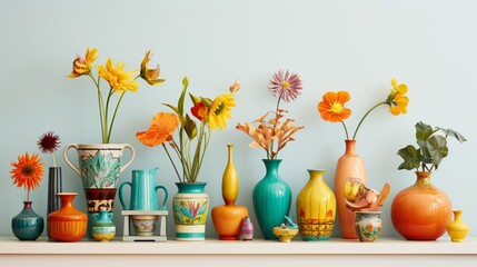 a selection of bright and cheerful decorative pieces, from handmade crafts to ornamental gems, arranged thoughtfully on a clean white surface, offering a delightful and uplifting visual experience.