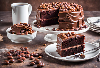 Chocolate and coffee cake with top filled with coffee beans plates