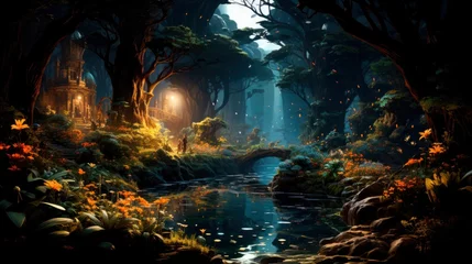 Fotobehang Sprookjesbos The forest at night is a canvas of fantasy, where magic breathes life into the green wilderness