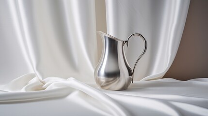a silver-plated pitcher gleams under soft lighting, its polished surface reflecting a luxurious ambiance against the pristine white canvas, symbolizing opulence and sophistication.