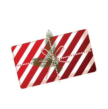 Merry Christmas and Happy New Year. Xmas design with realistic object, red and white gift box, red and white tinsel, red ribbon flat top view.