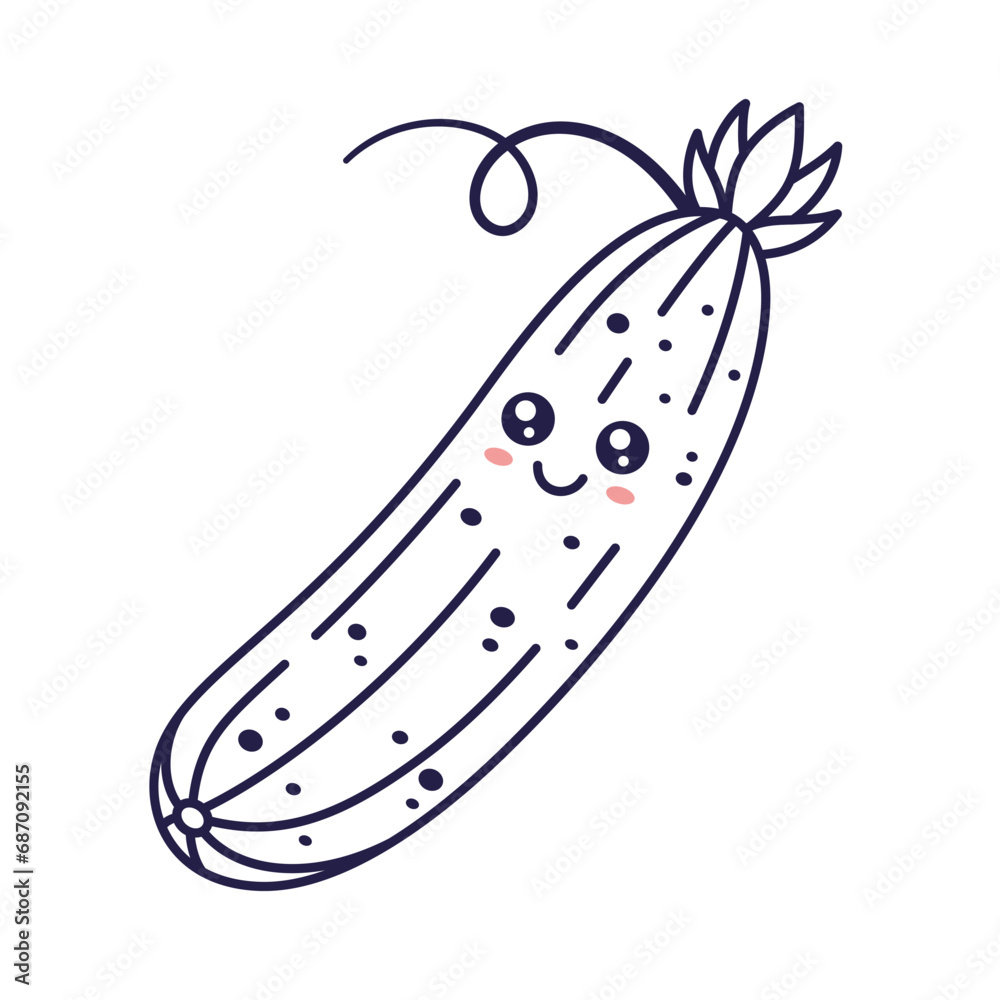 Wall mural Cute Kawaii Cucumber cartoon kids illustration. Food vegetable outline line art illustration. Cucumber character, mascot in Doodle style. Kids Coloring book.