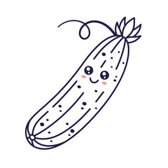 Cute Kawaii Cucumber cartoon kids illustration. Food vegetable outline line art illustration. Cucumber character, mascot in Doodle style. Kids Coloring book.