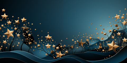 Weihnachtsmotiv in blau mit goldenen Sternen als Hintergrundmotiv für Webdesign im Querformat für Banner, ai generativ