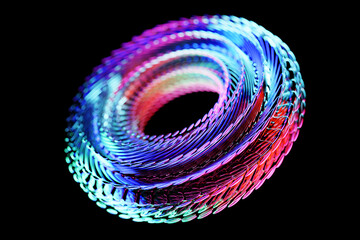 Futuristic neon colorful torus donut. 3D rendering,  torus geometry shape in  black  background